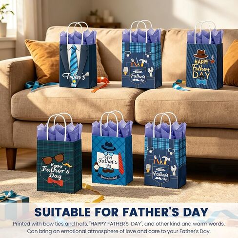 DECEED 12 PCS Fathers Day Gift Bags with Handles & Tissue Paper, Happy Fathers Day Paper Bags for Dad, Grandpa, Men, Fathers Day Birthday Party Favors & Holiday Gift Wrapping Supplies in Saudi Arabia