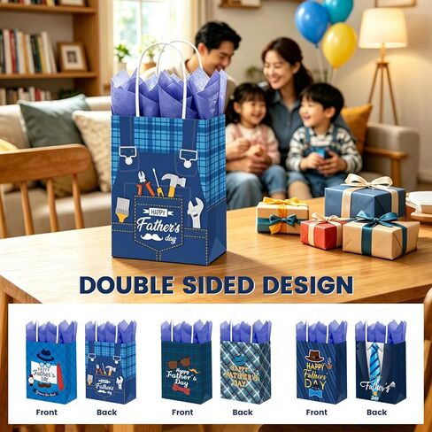 DECEED 12 PCS Fathers Day Gift Bags with Handles & Tissue Paper, Happy Fathers Day Paper Bags for Dad, Grandpa, Men, Fathers Day Birthday Party Favors & Holiday Gift Wrapping Supplies in Saudi Arabia