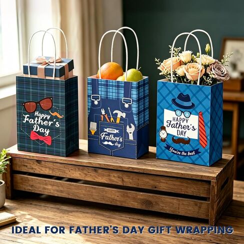 DECEED 12 PCS Fathers Day Gift Bags with Handles & Tissue Paper, Happy Fathers Day Paper Bags for Dad, Grandpa, Men, Fathers Day Birthday Party Favors & Holiday Gift Wrapping Supplies in Saudi Arabia