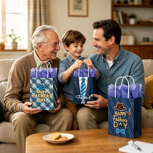 DECEED 12 PCS Fathers Day Gift Bags with Handles & Tissue Paper, Happy Fathers Day Paper Bags for Dad, Grandpa, Men, Fathers Day Birthday Party Favors & Holiday Gift Wrapping Supplies in Saudi Arabia