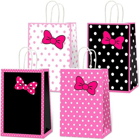 MinFyberd 12Pcs Pink Bow Party Favor Bags Cartoon Birthday Decorations Pink Paper Gift Bags with Handles Polka Dots Goodie Candy Treat Bag for Girls Women Birthday Bridal Baby Shower Party Supplies in Saudi Arabia
