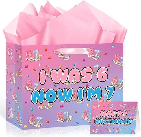 7th Birthday Gift Bag for Girls Sweet Donut 6 7 Birthday Favor Bag with Greeting Card and Paper I Was 6 Now I'm 7 Party Decorations for Girls Donut Grow up Party Sweet 7 Years Old Birthday Party Supplies in Kuwait