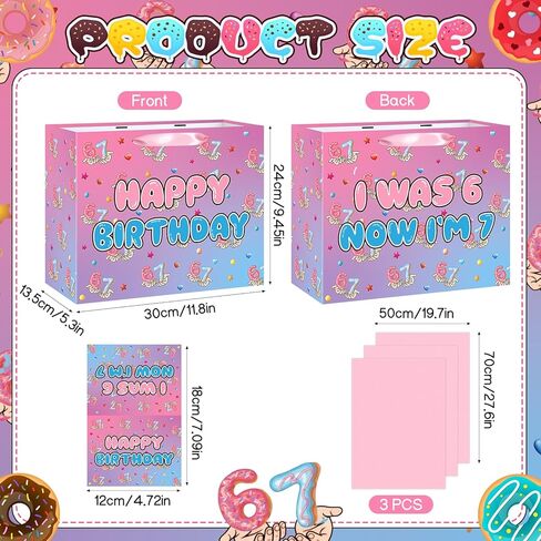 7th Birthday Gift Bag for Girls Sweet Donut 6 7 Birthday Favor Bag with Greeting Card and Paper I Was 6 Now I'm 7 Party Decorations for Girls Donut Grow up Party Sweet 7 Years Old Birthday Party Supplies in Kuwait
