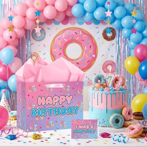 7th Birthday Gift Bag for Girls Sweet Donut 6 7 Birthday Favor Bag with Greeting Card and Paper I Was 6 Now I'm 7 Party Decorations for Girls Donut Grow up Party Sweet 7 Years Old Birthday Party Supplies in Kuwait