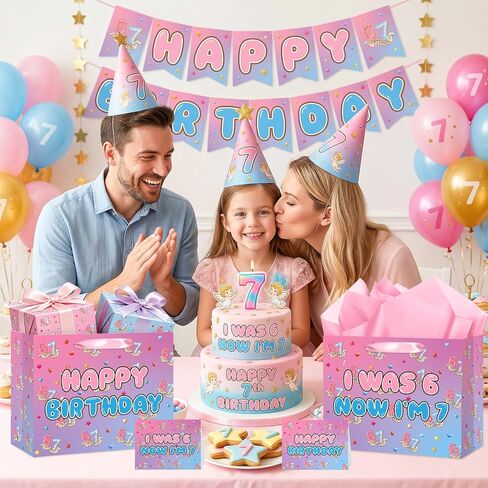 7th Birthday Gift Bag for Girls Sweet Donut 6 7 Birthday Favor Bag with Greeting Card and Paper I Was 6 Now I'm 7 Party Decorations for Girls Donut Grow up Party Sweet 7 Years Old Birthday Party Supplies in Kuwait
