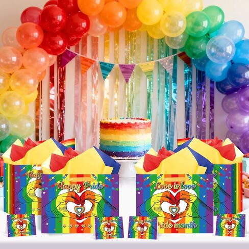 Wauprant Large Rainbow Pride Month Gift Bag with Handle, LGBTQ Love is Love Party Favor Bags with 1 Greeting Card & 3 Sheets Tissue Paper, Gay Pride Stripes Gift Wrap for Parade, Birthdays & Events in Saudi Arabia