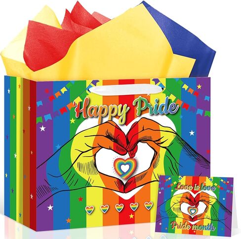 Wauprant Large Rainbow Pride Month Gift Bag with Handle, LGBTQ Love is Love Party Favor Bags with 1 Greeting Card & 3 Sheets Tissue Paper, Gay Pride Stripes Gift Wrap for Parade, Birthdays & Events in Saudi Arabia
