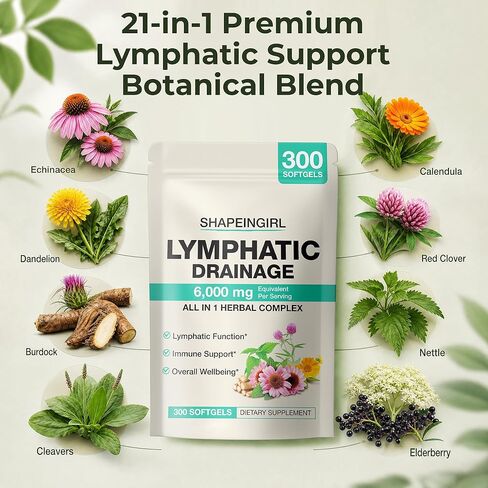 Lymphatic Drainage Supplements | 300 Softgels, 6000 mg Herbal Lymph System Support for Women & Men | 21-in-1 Herbal Blend for Lymphatic Support, Fluid Balance & Immune System in Saudi Arabia
