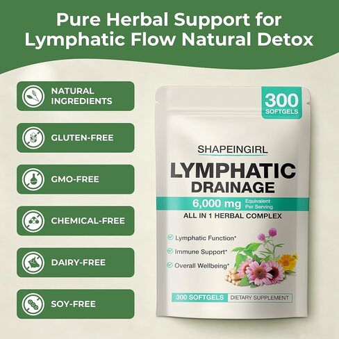 Lymphatic Drainage Supplements | 300 Softgels, 6000 mg Herbal Lymph System Support for Women & Men | 21-in-1 Herbal Blend for Lymphatic Support, Fluid Balance & Immune System in Saudi Arabia
