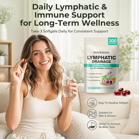 Lymphatic Drainage Supplements | 300 Softgels, 6000 mg Herbal Lymph System Support for Women & Men | 21-in-1 Herbal Blend for Lymphatic Support, Fluid Balance & Immune System in Saudi Arabia