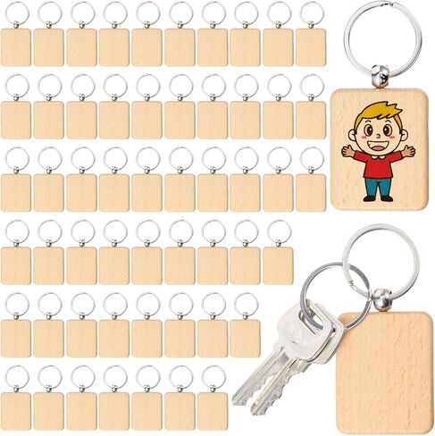 60 Pcs Wooden Keychain Blank with Key Rings, Wood Engraving Unfinished Key Chain Rectangular Keychain Blank for DIY, Crafts Gift, Pet Tags in Kuwait