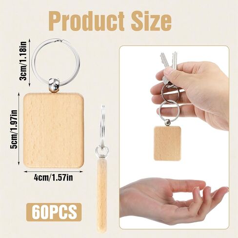 60 Pcs Wooden Keychain Blank with Key Rings, Wood Engraving Unfinished Key Chain Rectangular Keychain Blank for DIY, Crafts Gift, Pet Tags in Kuwait