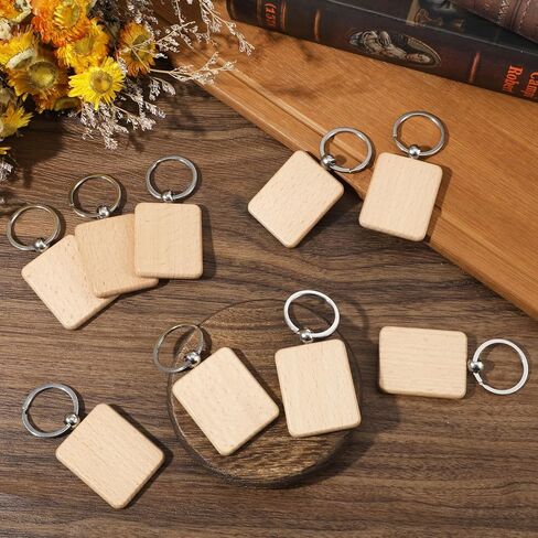 60 Pcs Wooden Keychain Blank with Key Rings, Wood Engraving Unfinished Key Chain Rectangular Keychain Blank for DIY, Crafts Gift, Pet Tags in Kuwait