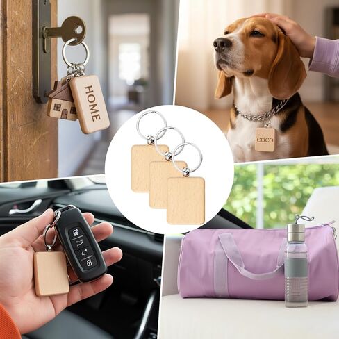 60 Pcs Wooden Keychain Blank with Key Rings, Wood Engraving Unfinished Key Chain Rectangular Keychain Blank for DIY, Crafts Gift, Pet Tags in Kuwait