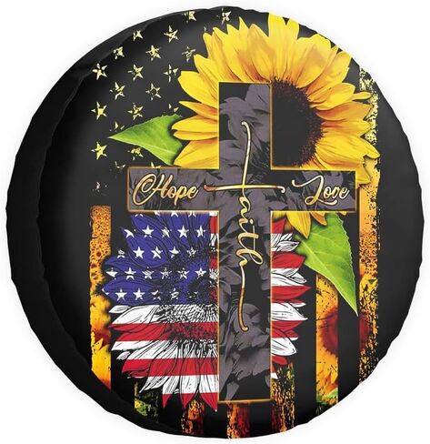 Sunflower Hope Faith Love Spare Tire Cover Cross US Flag Wheel Protectors Covers Universal for RV SUV Truck Camper Travel Trailer Dust-Proof Universal Accessories 18 Inch in Kuwait