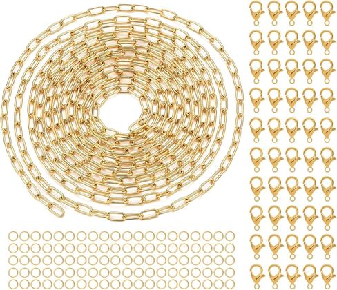 Avxzbef 16.4 Feet Gold Plated Stainless Steel Paperclip Chain Set Gold Plated Chain Lobster Clasp Open Jump Ring for DIY Necklaces Anklets Bracelets in Saudi Arabia