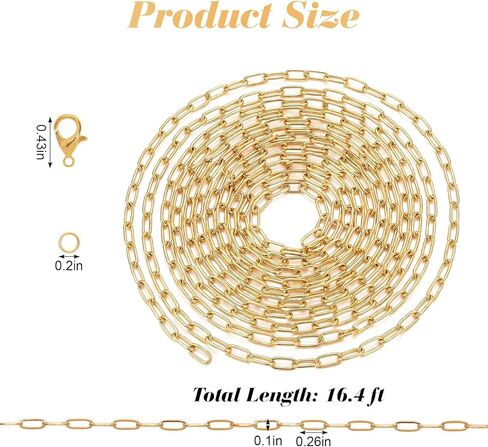Avxzbef 16.4 Feet Gold Plated Stainless Steel Paperclip Chain Set Gold Plated Chain Lobster Clasp Open Jump Ring for DIY Necklaces Anklets Bracelets in Saudi Arabia