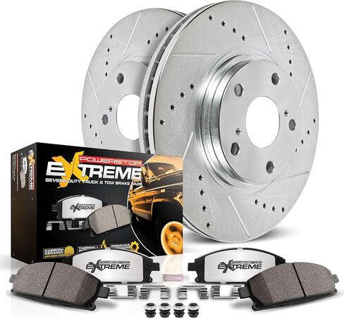 طقم فرامل أمامية PowerStop لسيارة Chrysler Pacifica 2017-24 |Town & Country 2012-16 |Dodge Grand Caravan 2012-20 - وسادات فرامل سيراميك من ألياف الكربون للشاحنة والسحب + ترقية الدوارات المحفورة والمشقوقة، K5959-36 in Kuwait