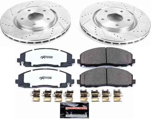 طقم فرامل أمامية PowerStop لسيارة Chrysler Pacifica 2017-24 |Town & Country 2012-16 |Dodge Grand Caravan 2012-20 - وسادات فرامل سيراميك من ألياف الكربون للشاحنة والسحب + ترقية الدوارات المحفورة والمشقوقة، K5959-36 in Kuwait