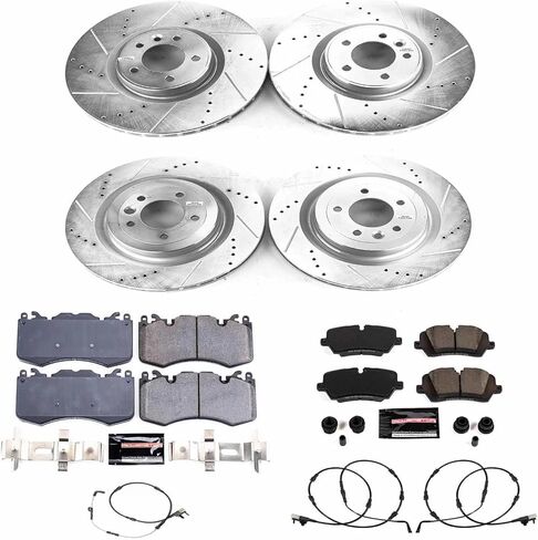 طقم فرامل أمامية وخلفية PowerStop لسيارة Rover Range Rover 2018-22 |Rover Range Rover Sport 2018-22 - دوارات قرصية محفورة ومشقوقة مع استبدال وسادات الفرامل السيراميكية من ألياف الكربون، K8513 in Kuwait