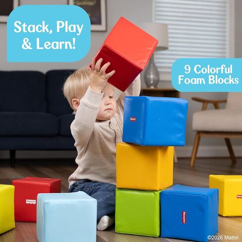 مكعبات بناء إسفنجية ناعمة للأطفال الصغار من Fisher-Price - 9 كتل تكديس كبيرة ملونة للأطفال الصغار بعمر عامين فما فوق - لعبة تعليمية خفيفة الوزن لمرحلة ما قبل المدرسة in Kuwait