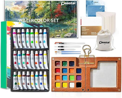 𝐏𝐀𝐀𝐒𝐓𝐀𝐈 Mini Watercolor Paint Set—24-color portable watercolor kit containing paints, brushes, a sketchbook, and instructions, making it a unique and creative gift for art enthusiasts (15 Grids) (Colorful) in Saudi Arabia