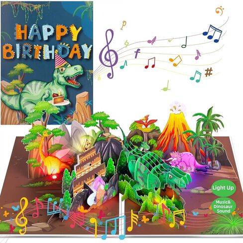 CUISH Dinosaur Musical 3D Pop-Up Birthday Card with LED Lights & Blowout Candle - Interactive Greeting Card Plays 'Happy Birthday' Song, Birthday Gifts for Adults, Boys and Girls in Saudi Arabia