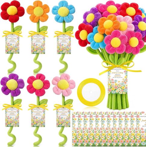 Syhood 12 Pcs Plush Daisy Flower Bouquet Employee Appreciation Gifts for Teacher 12.6 Inch Stuffed Bendable Stems Plush Daisy Flower Decor with Card for Back to School Birthday Party Staff Coworker in Kuwait