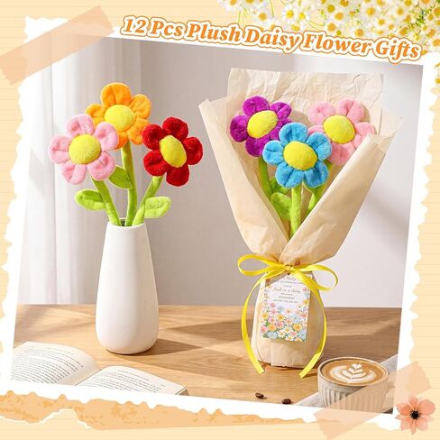 Syhood 12 Pcs Plush Daisy Flower Bouquet Employee Appreciation Gifts for Teacher 12.6 Inch Stuffed Bendable Stems Plush Daisy Flower Decor with Card for Back to School Birthday Party Staff Coworker in Kuwait