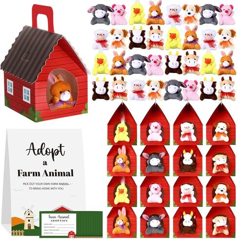 Blueweenly 37 Pcs Adopt a Farm Animal Set Party Favors Mini Plush Farm Toys Foldable Red Carton Barn Adoption Cards 1 Sign Animal Bulk with Favor Bags for Adopt a Pet Party Favors Birthday Supply in Kuwait