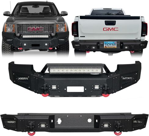 Front and Rear Bumper Upgraded Texture Black Compatible with 2007-2013 GMC Sierra 1500 w/Winch Plate & Sensor Mounting Hole & D-Ring & LED Aluminum Lights in Saudi Arabia