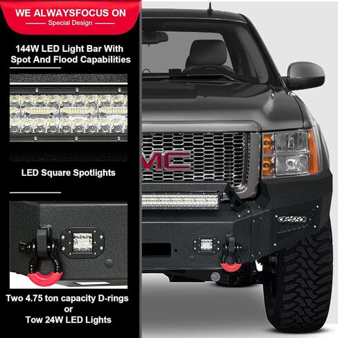 Front and Rear Bumper Upgraded Texture Black Compatible with 2007-2013 GMC Sierra 1500 w/Winch Plate & Sensor Mounting Hole & D-Ring & LED Aluminum Lights in Saudi Arabia