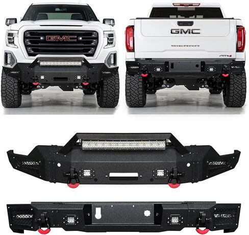 Front and Rear Bumper Upgraded Texture Black Compatible with 2007-2013 GMC Sierra 1500 w/Winch Plate & Sensor Mounting Hole & D-Ring & LED Aluminum Lights in Saudi Arabia