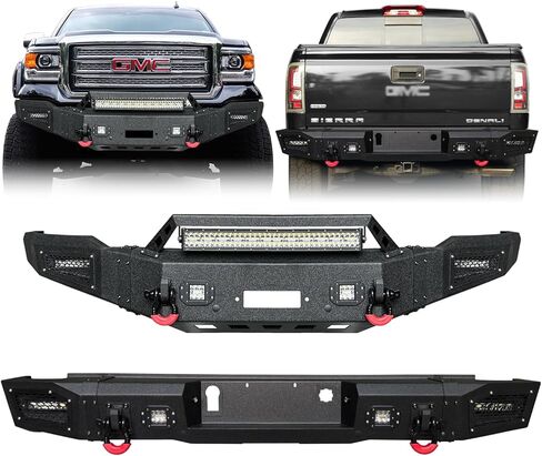 Front and Rear Bumper Upgraded Texture Black Compatible with 2007-2013 GMC Sierra 1500 w/Winch Plate & Sensor Mounting Hole & D-Ring & LED Aluminum Lights in Saudi Arabia