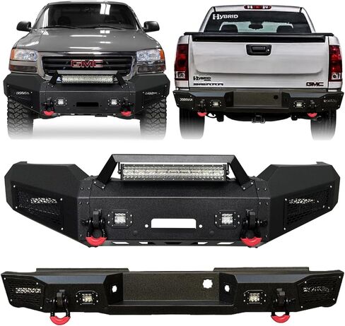 Front and Rear Bumper Upgraded Texture Black Compatible with 2007-2013 GMC Sierra 1500 w/Winch Plate & Sensor Mounting Hole & D-Ring & LED Aluminum Lights in Saudi Arabia