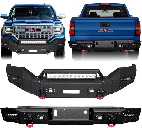 Front and Rear Bumper Upgraded Texture Black Compatible with 2007-2013 GMC Sierra 1500 w/Winch Plate & Sensor Mounting Hole & D-Ring & LED Aluminum Lights in Saudi Arabia