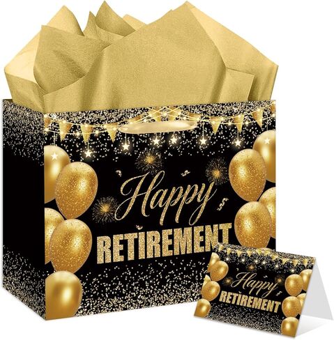 YXYASR Black Gold Happy Retirement Gift Bag Set with Tissue Paper and Card, Envelope - Large Retirement Gift Bags for Men, Women, Boss, Coworker - Elegant Farewell Party Supplies in Kuwait
