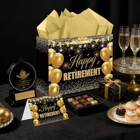 YXYASR Black Gold Happy Retirement Gift Bag Set with Tissue Paper and Card, Envelope - Large Retirement Gift Bags for Men, Women, Boss, Coworker - Elegant Farewell Party Supplies in Kuwait