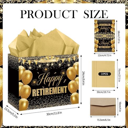 YXYASR Black Gold Happy Retirement Gift Bag Set with Tissue Paper and Card, Envelope - Large Retirement Gift Bags for Men, Women, Boss, Coworker - Elegant Farewell Party Supplies in Kuwait