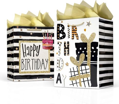 Party Funny Black and Gold Birthday Gift Bags with Gold Tissue Paper, 2 Pack 13" Medium Paper Gift Bag Set with Handles for Women, Happy Birthday Present Bags in Kuwait