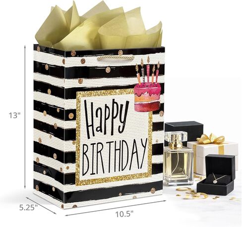 Party Funny Black and Gold Birthday Gift Bags with Gold Tissue Paper, 2 Pack 13" Medium Paper Gift Bag Set with Handles for Women, Happy Birthday Present Bags in Kuwait
