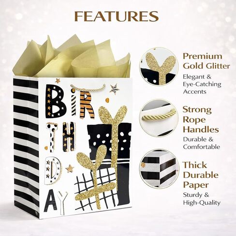 Party Funny Black and Gold Birthday Gift Bags with Gold Tissue Paper, 2 Pack 13" Medium Paper Gift Bag Set with Handles for Women, Happy Birthday Present Bags in Kuwait