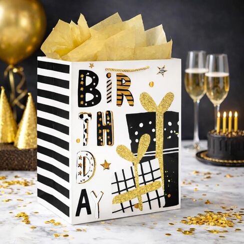 Party Funny Black and Gold Birthday Gift Bags with Gold Tissue Paper, 2 Pack 13" Medium Paper Gift Bag Set with Handles for Women, Happy Birthday Present Bags in Kuwait