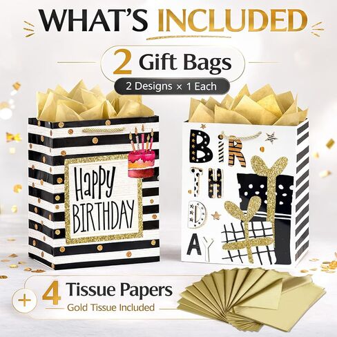 Party Funny Black and Gold Birthday Gift Bags with Gold Tissue Paper, 2 Pack 13" Medium Paper Gift Bag Set with Handles for Women, Happy Birthday Present Bags in Kuwait