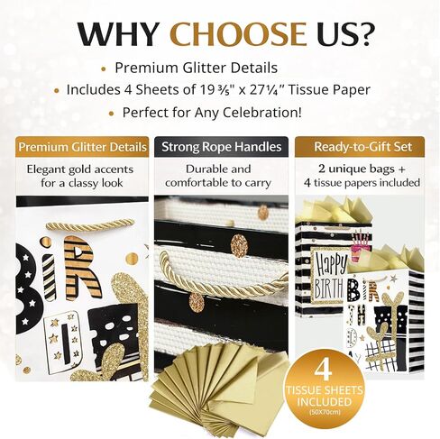 Party Funny Black and Gold Birthday Gift Bags with Gold Tissue Paper, 2 Pack 13" Medium Paper Gift Bag Set with Handles for Women, Happy Birthday Present Bags in Kuwait
