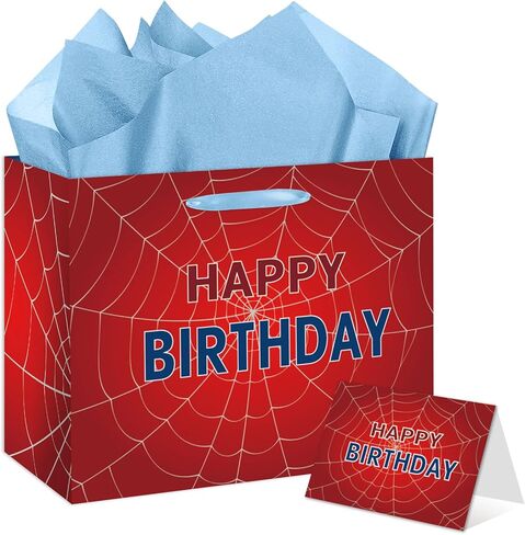 EIGHTSTATES Spider Web Birthday Gift Bag - Red Spider Theme Party Gift Bag with Card & Tissue Paper - Halloween Birthday Decor for Kids, Boys & Girls - Baby Shower Party Decorations Supplies in Saudi Arabia