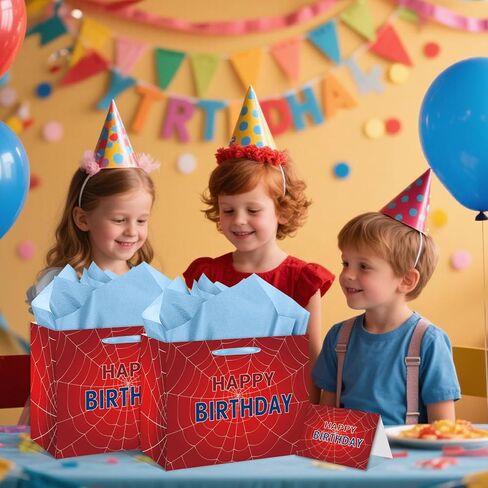 EIGHTSTATES Spider Web Birthday Gift Bag - Red Spider Theme Party Gift Bag with Card & Tissue Paper - Halloween Birthday Decor for Kids, Boys & Girls - Baby Shower Party Decorations Supplies in Saudi Arabia