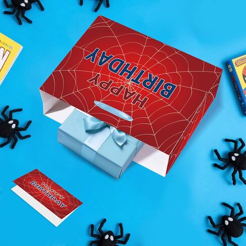 EIGHTSTATES Spider Web Birthday Gift Bag - Red Spider Theme Party Gift Bag with Card & Tissue Paper - Halloween Birthday Decor for Kids, Boys & Girls - Baby Shower Party Decorations Supplies in Saudi Arabia