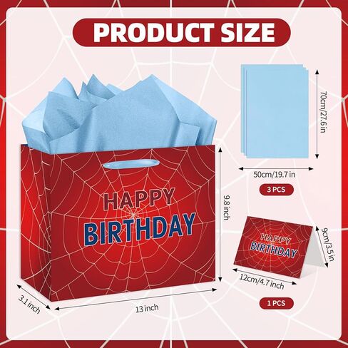 EIGHTSTATES Spider Web Birthday Gift Bag - Red Spider Theme Party Gift Bag with Card & Tissue Paper - Halloween Birthday Decor for Kids, Boys & Girls - Baby Shower Party Decorations Supplies in Saudi Arabia