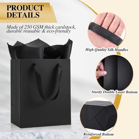 PASEOTA 4 Pack Black Gift Bags with Handles and Tissue Paper, 10" x 8" x 5" Small Black Paper Bags for Men Women Birthday Party Wedding Baby Shower Father's Day (BK-S, 4 Pcs) in Kuwait